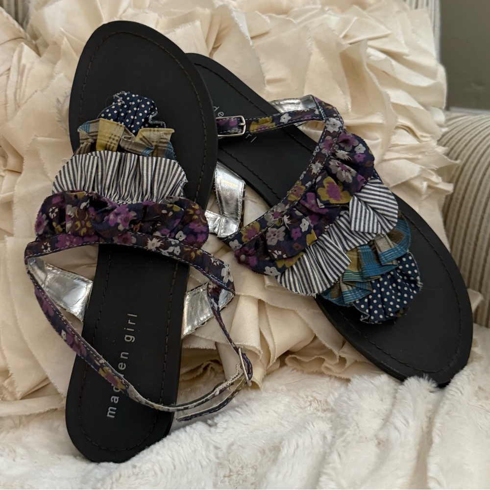Madden Girl Black Sandals with Purple Floral and Blue Accent Ruffles